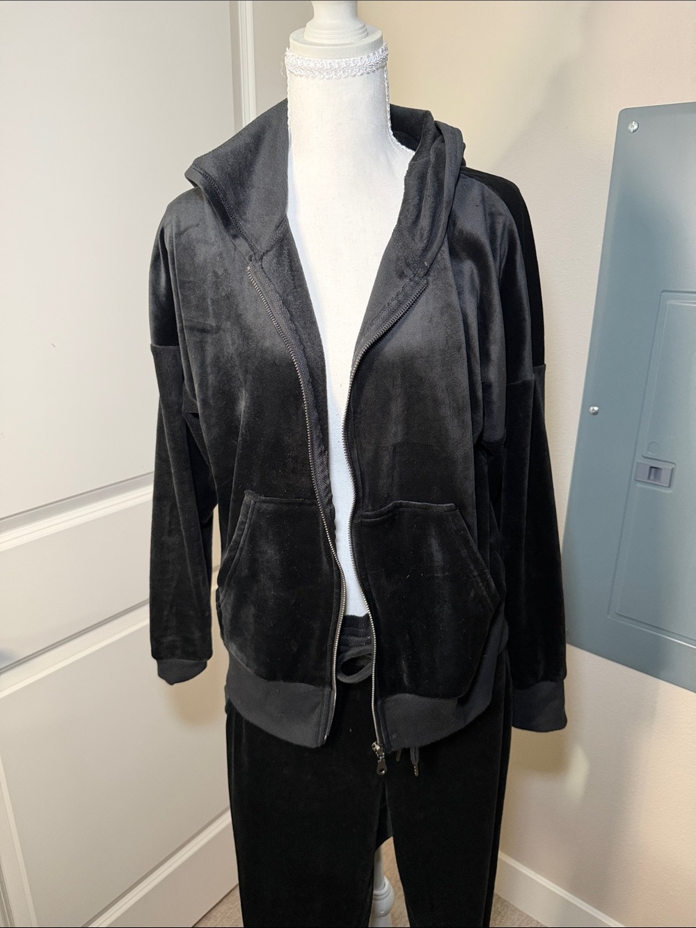 Black Velour Zip-Front Hoodie Jacket with velour pants  - Womens